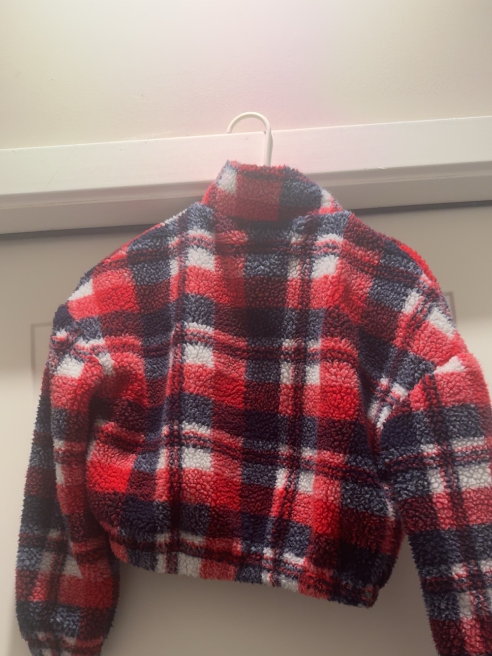 Kids Red & Navy Plaid Sherpa Jacket